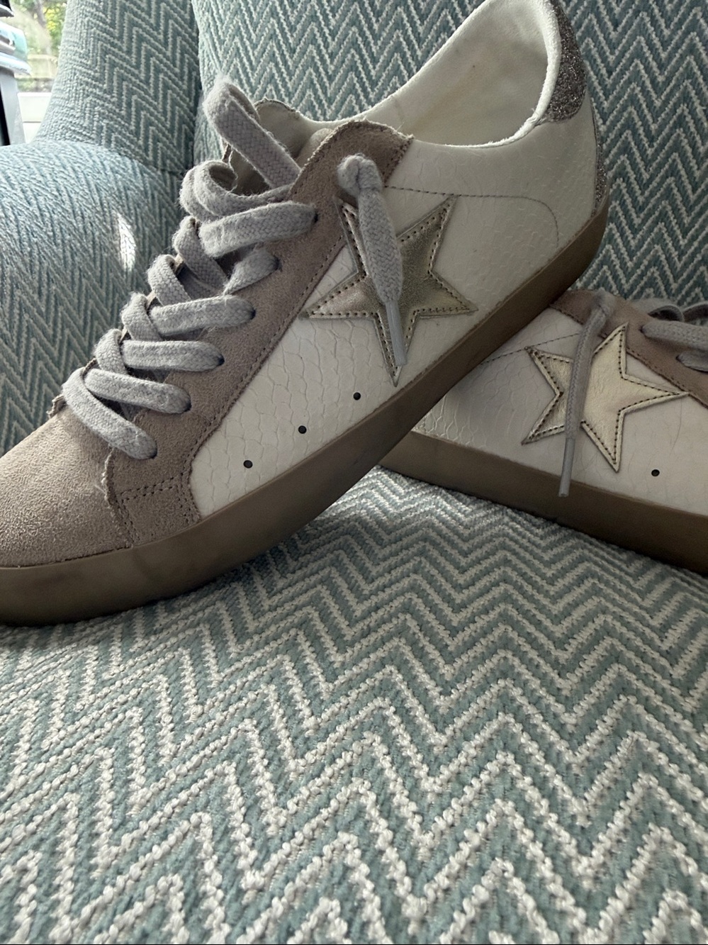 ShuShop White and Beige Women's Low-Top Sneakers worn with no holes or tears.